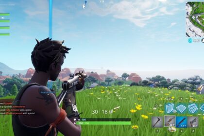 Jogador em combate no battle royale Fortnite. Jogo é um dos principais jogos online para pc.